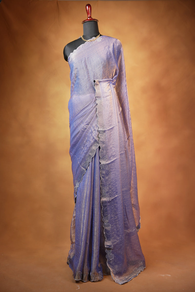 Designer Saree | Lavender Blue Shimmer with Butterfly Stone Work Scalloped Border | Party & Wedding Wear