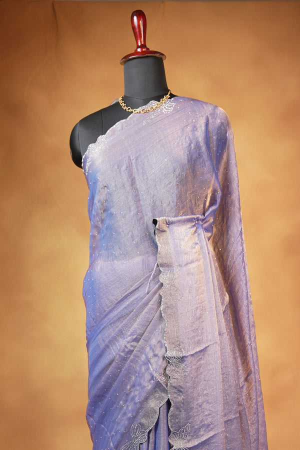 Designer Saree | Lavender Blue Shimmer with Butterfly Stone Work Scalloped Border | Party & Wedding Wear