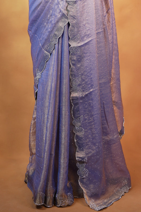 Designer Saree | Lavender Blue Shimmer with Butterfly Stone Work Scalloped Border | Party & Wedding Wear