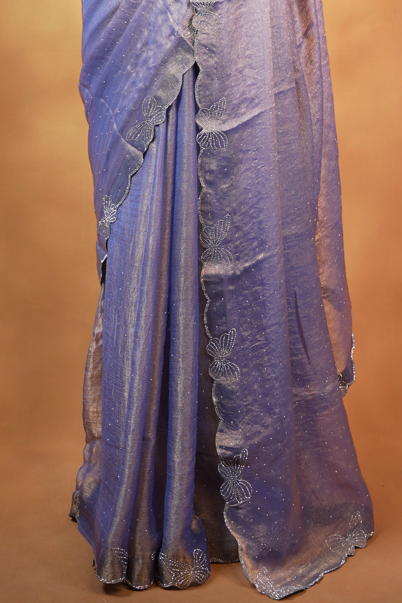 Designer Saree | Lavender Blue Shimmer with Butterfly Stone Work Scalloped Border | Party & Wedding Wear