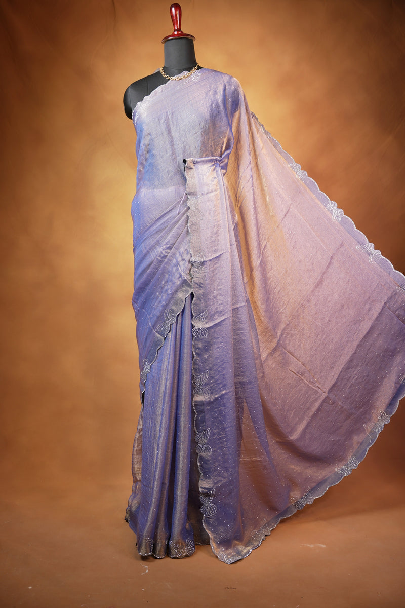 Designer Saree | Lavender Blue Shimmer with Butterfly Stone Work Scalloped Border | Party & Wedding Wear
