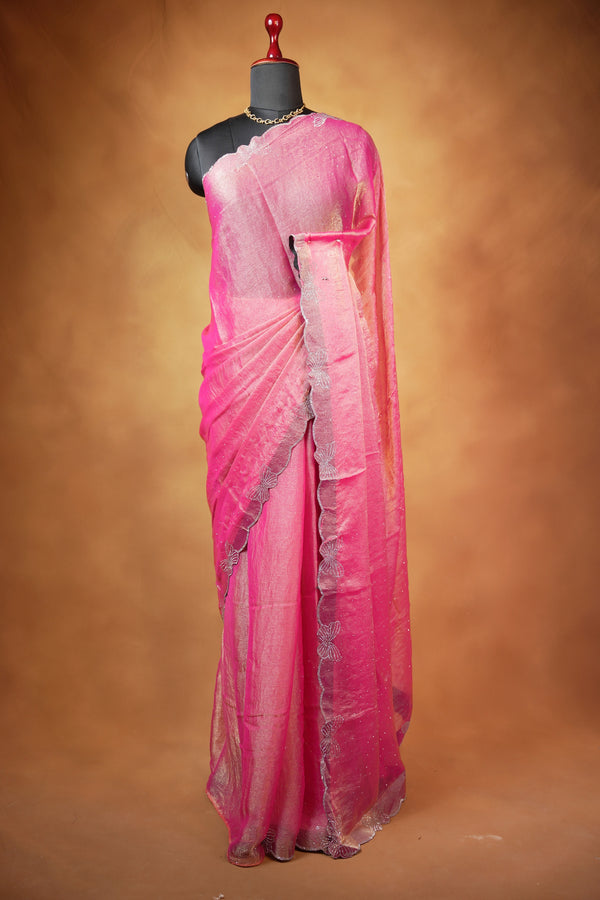 Designer Saree | Soft Rose Pink Shimmer with Butterfly Stone Work Scalloped Border | Party & Wedding Wear