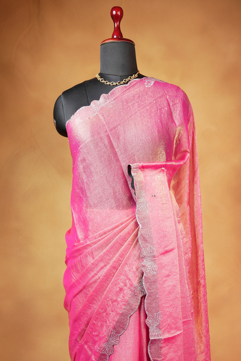 Designer Saree | Soft Rose Pink Shimmer with Butterfly Stone Work Scalloped Border | Party & Wedding Wear