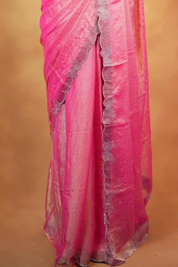 Designer Saree | Soft Rose Pink Shimmer with Butterfly Stone Work Scalloped Border | Party & Wedding Wear