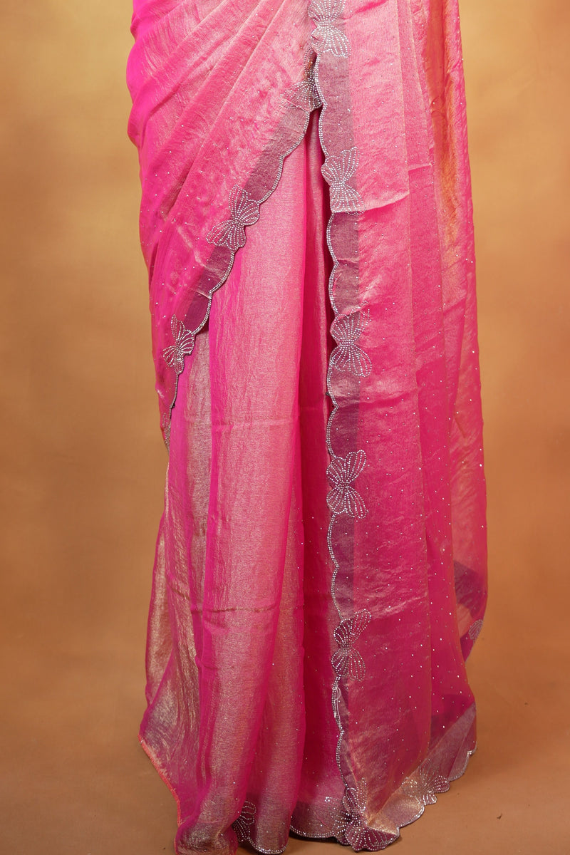 Designer Saree | Soft Rose Pink Shimmer with Butterfly Stone Work Scalloped Border | Party & Wedding Wear