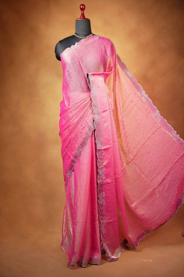 Designer Saree | Soft Rose Pink Shimmer with Butterfly Stone Work Scalloped Border | Party & Wedding Wear