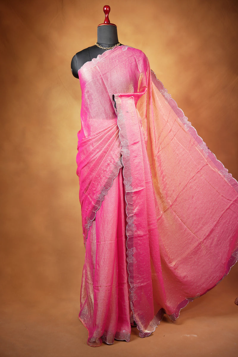 Designer Saree | Soft Rose Pink Shimmer with Butterfly Stone Work Scalloped Border | Party & Wedding Wear