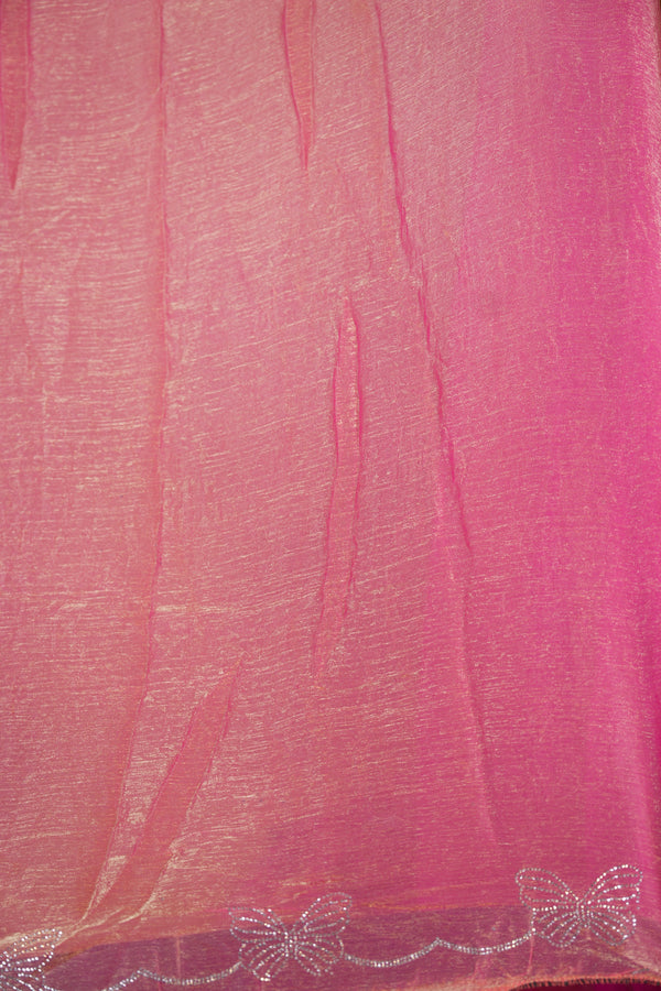 Designer Saree | Soft Rose Pink Shimmer with Butterfly Stone Work Scalloped Border | Party & Wedding Wear