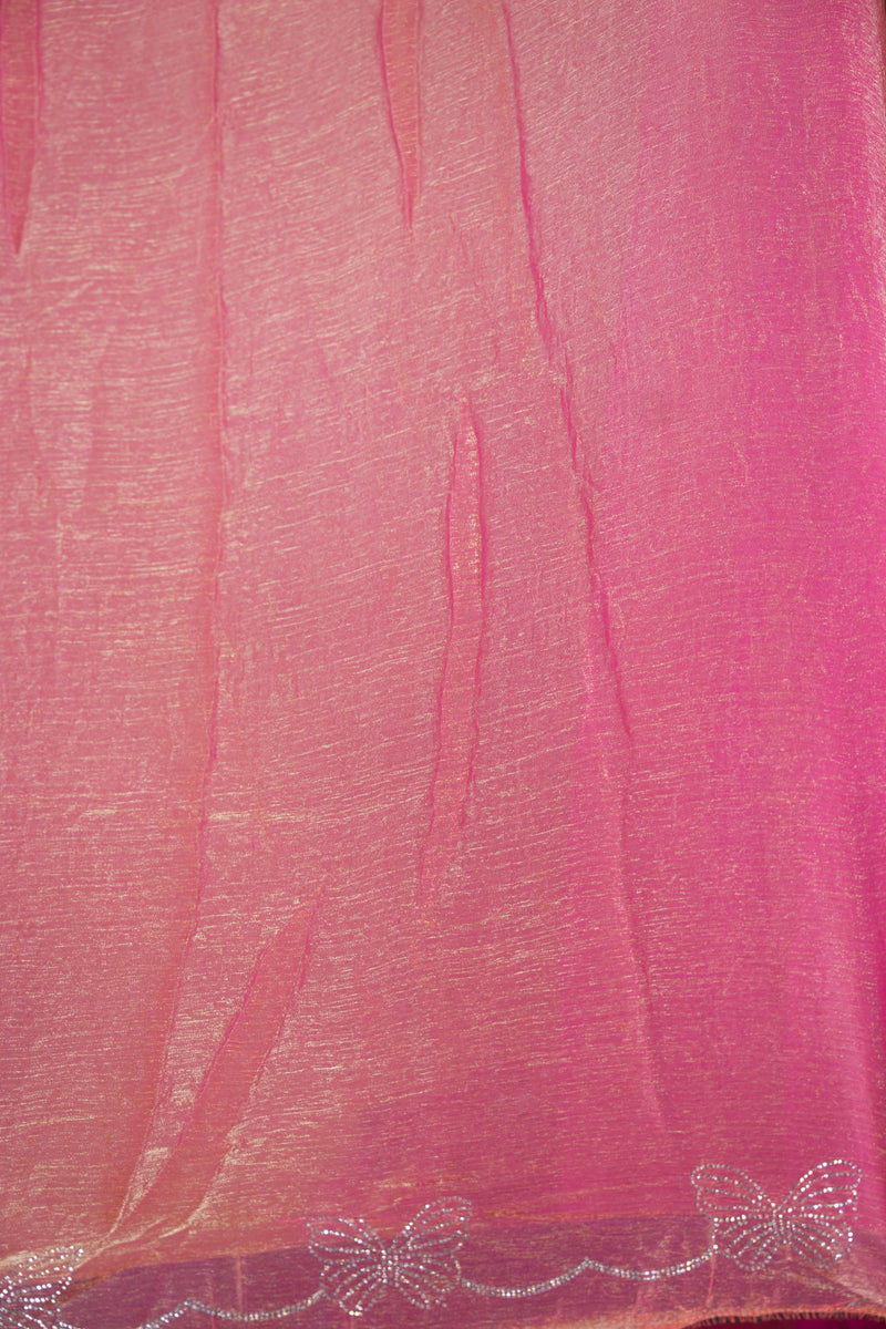 Designer Saree | Soft Rose Pink Shimmer with Butterfly Stone Work Scalloped Border | Party & Wedding Wear