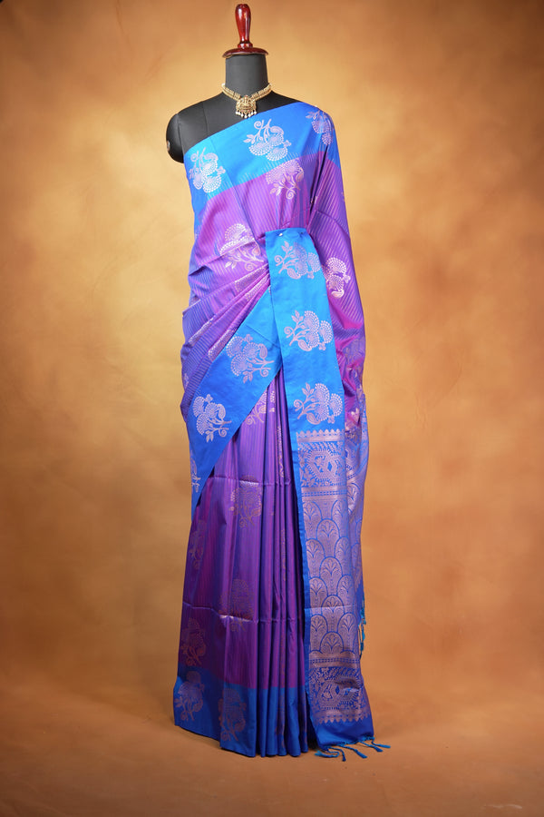Soft Silk Saree | Violet Purple with Royal Blue Floral Zari Border | Wedding & Festive Wear