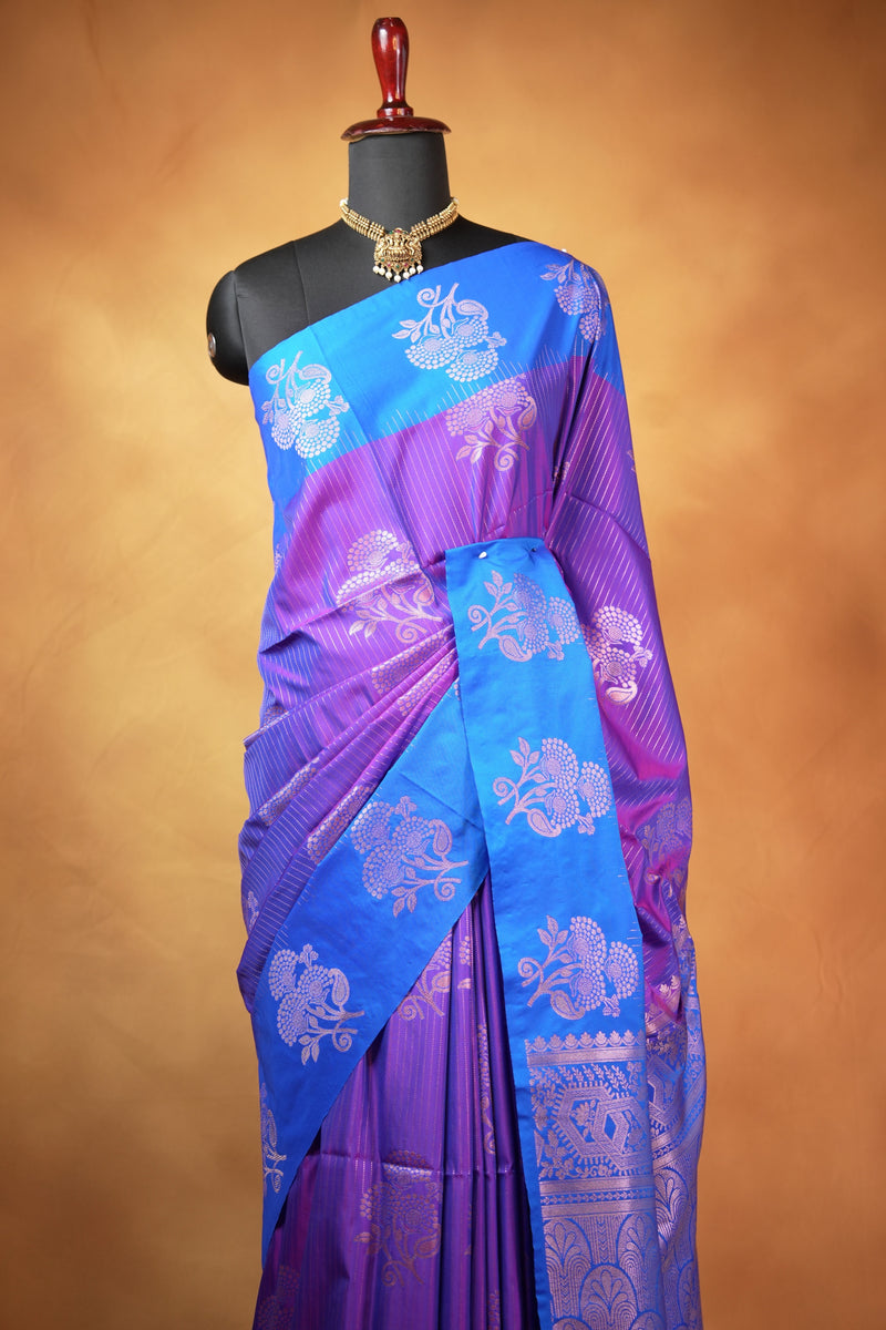 Soft Silk Saree | Violet Purple with Royal Blue Floral Zari Border | Wedding & Festive Wear