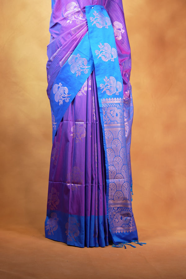 Soft Silk Saree | Violet Purple with Royal Blue Floral Zari Border | Wedding & Festive Wear