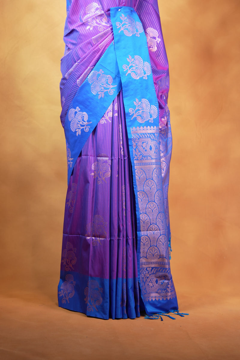 Soft Silk Saree | Violet Purple with Royal Blue Floral Zari Border | Wedding & Festive Wear