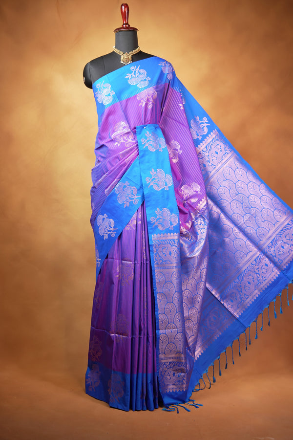 Soft Silk Saree | Violet Purple with Royal Blue Floral Zari Border | Wedding & Festive Wear