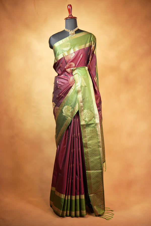 Soft Silk Saree | Maroon with Olive Green Gold Zari Border & Peacock Motifs | Wedding & Festive Wear
