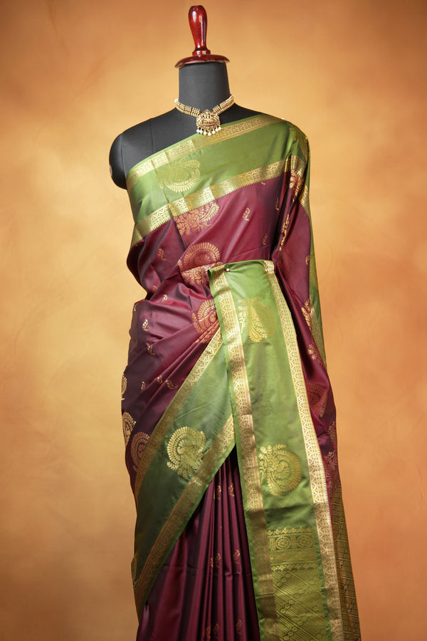 Soft Silk Saree | Maroon with Olive Green Gold Zari Border & Peacock Motifs | Wedding & Festive Wear