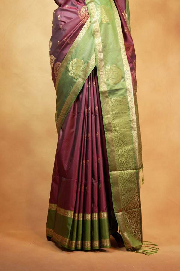 Soft Silk Saree | Maroon with Olive Green Gold Zari Border & Peacock Motifs | Wedding & Festive Wear