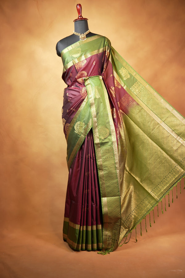Soft Silk Saree | Maroon with Olive Green Gold Zari Border & Peacock Motifs | Wedding & Festive Wear