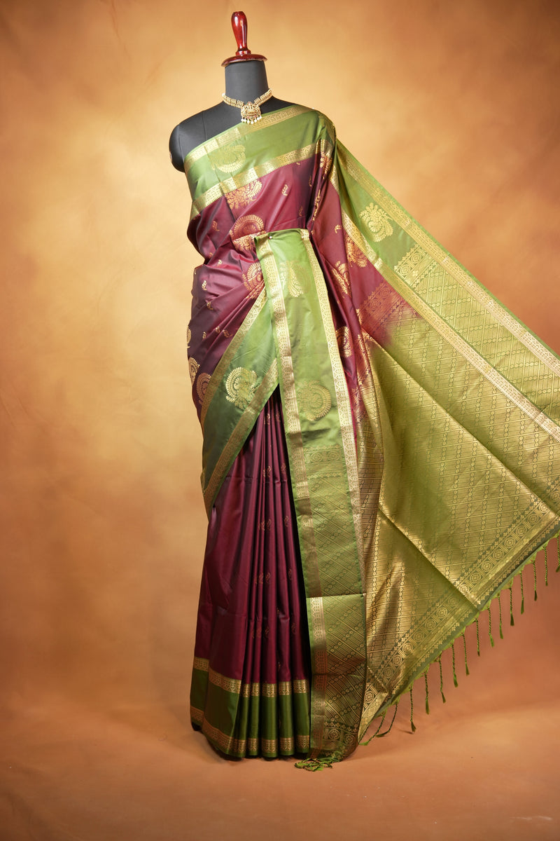 Soft Silk Saree | Maroon with Olive Green Gold Zari Border & Peacock Motifs | Wedding & Festive Wear