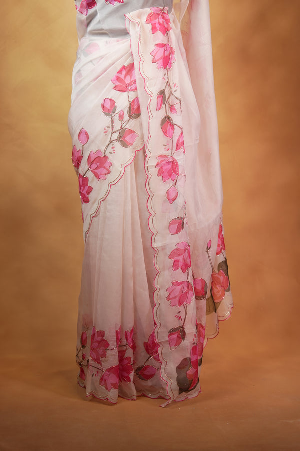 Cream Organza Silk Saree | Pink Lotus Print with Scalloped Cutwork Border & Sequin Detail | Party & Festive Wear