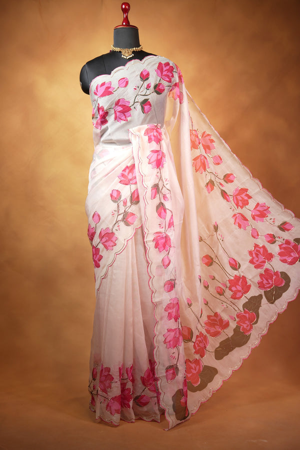 Cream Organza Silk Saree | Pink Lotus Print with Scalloped Cutwork Border & Sequin Detail | Party & Festive Wear