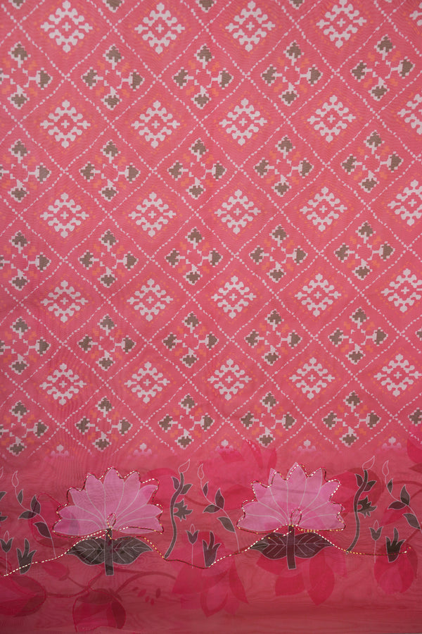 Cream Organza Silk Saree | Pink Lotus Print with Scalloped Cutwork Border & Sequin Detail | Party & Festive Wear