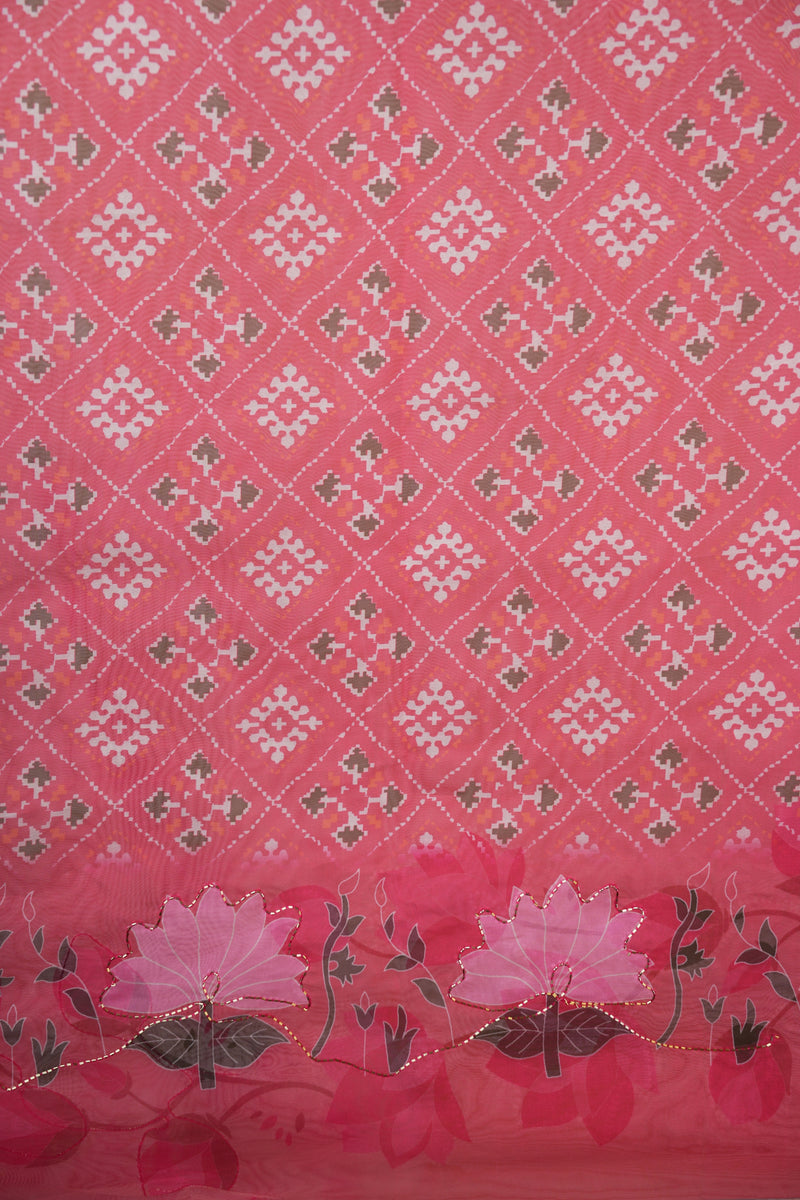Cream Organza Silk Saree | Pink Lotus Print with Scalloped Cutwork Border & Sequin Detail | Party & Festive Wear