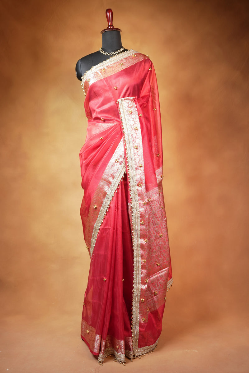 Organza Tissue Saree | Coral Red with Silver Zari Woven Border & Gold Bead Lace | Wedding & Festive Wear