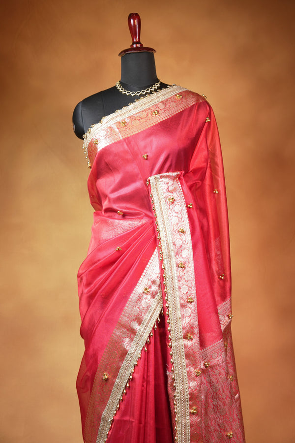 Organza Tissue Saree | Coral Red with Silver Zari Woven Border & Gold Bead Lace | Wedding & Festive Wear
