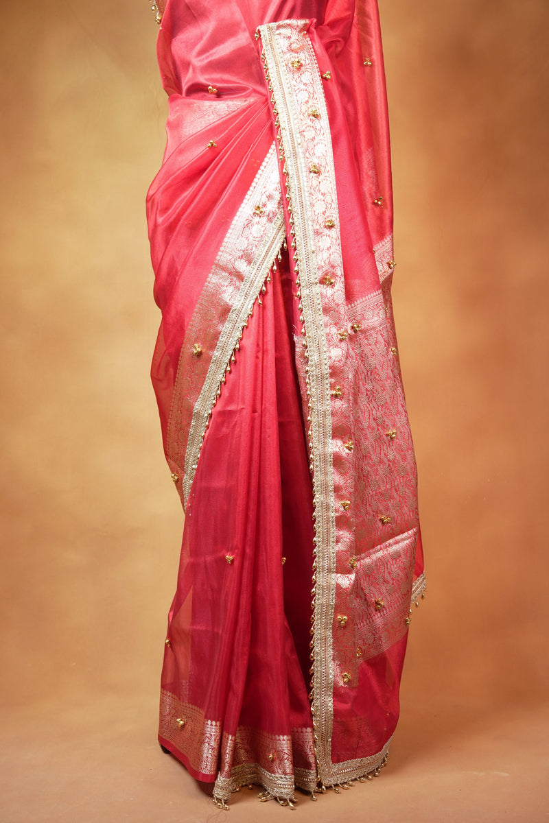 Organza Tissue Saree | Coral Red with Silver Zari Woven Border & Gold Bead Lace | Wedding & Festive Wear