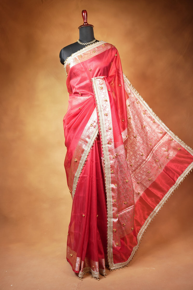 Organza Tissue Saree | Coral Red with Silver Zari Woven Border & Gold Bead Lace | Wedding & Festive Wear