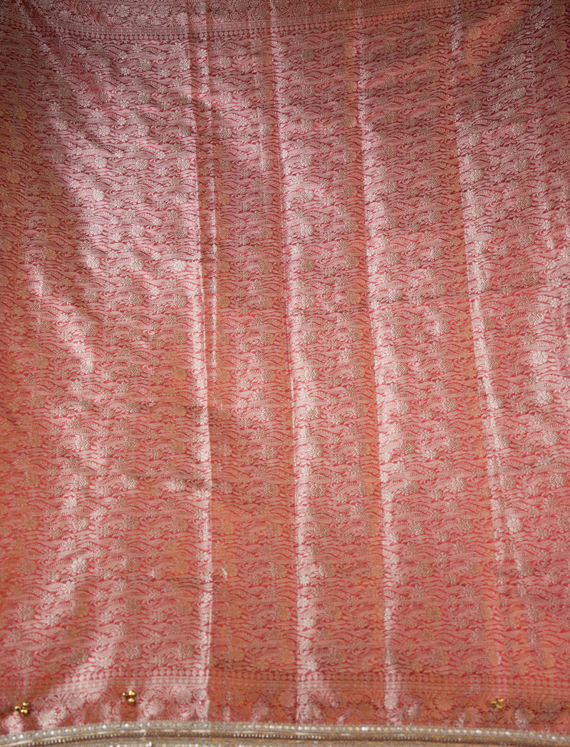 Organza Tissue Saree | Coral Red with Silver Zari Woven Border & Gold Bead Lace | Wedding & Festive Wear