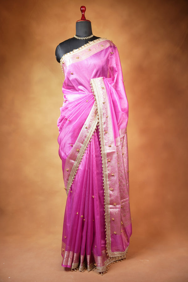Organza Tissue Saree | Orchid Pink with Silver Zari Woven Border & Gold Bead Lace | Wedding & Festive Wear