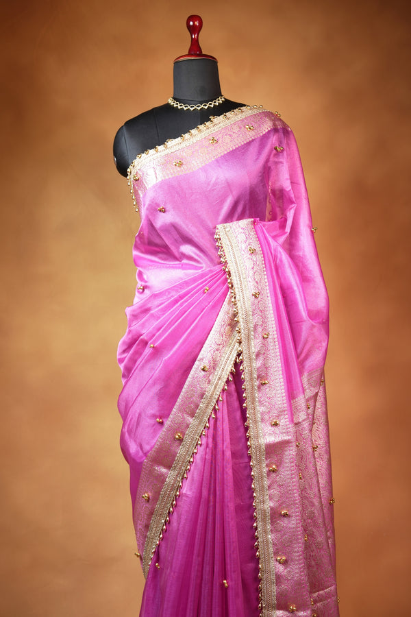Organza Tissue Saree | Orchid Pink with Silver Zari Woven Border & Gold Bead Lace | Wedding & Festive Wear