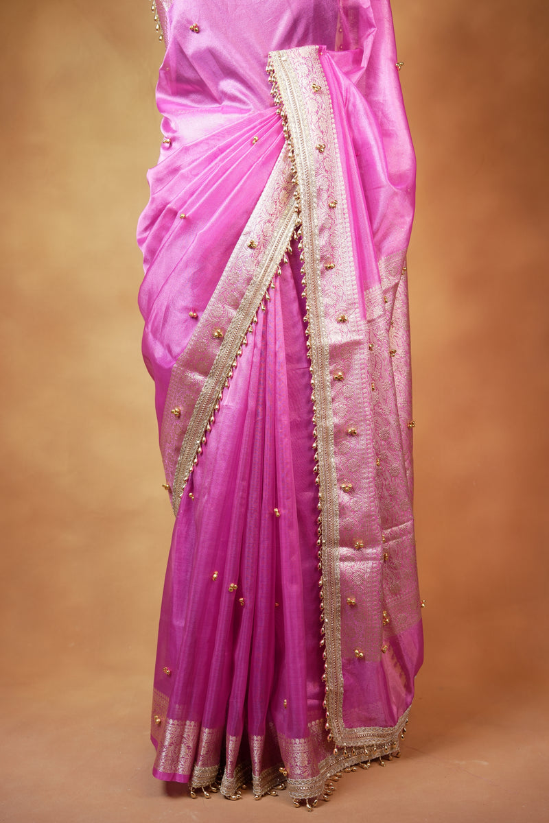 Organza Tissue Saree | Orchid Pink with Silver Zari Woven Border & Gold Bead Lace | Wedding & Festive Wear