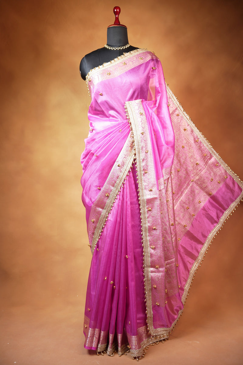 Organza Tissue Saree | Orchid Pink with Silver Zari Woven Border & Gold Bead Lace | Wedding & Festive Wear
