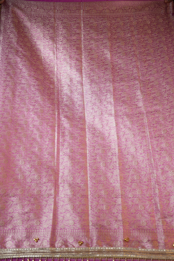 Organza Tissue Saree | Orchid Pink with Silver Zari Woven Border & Gold Bead Lace | Wedding & Festive Wear