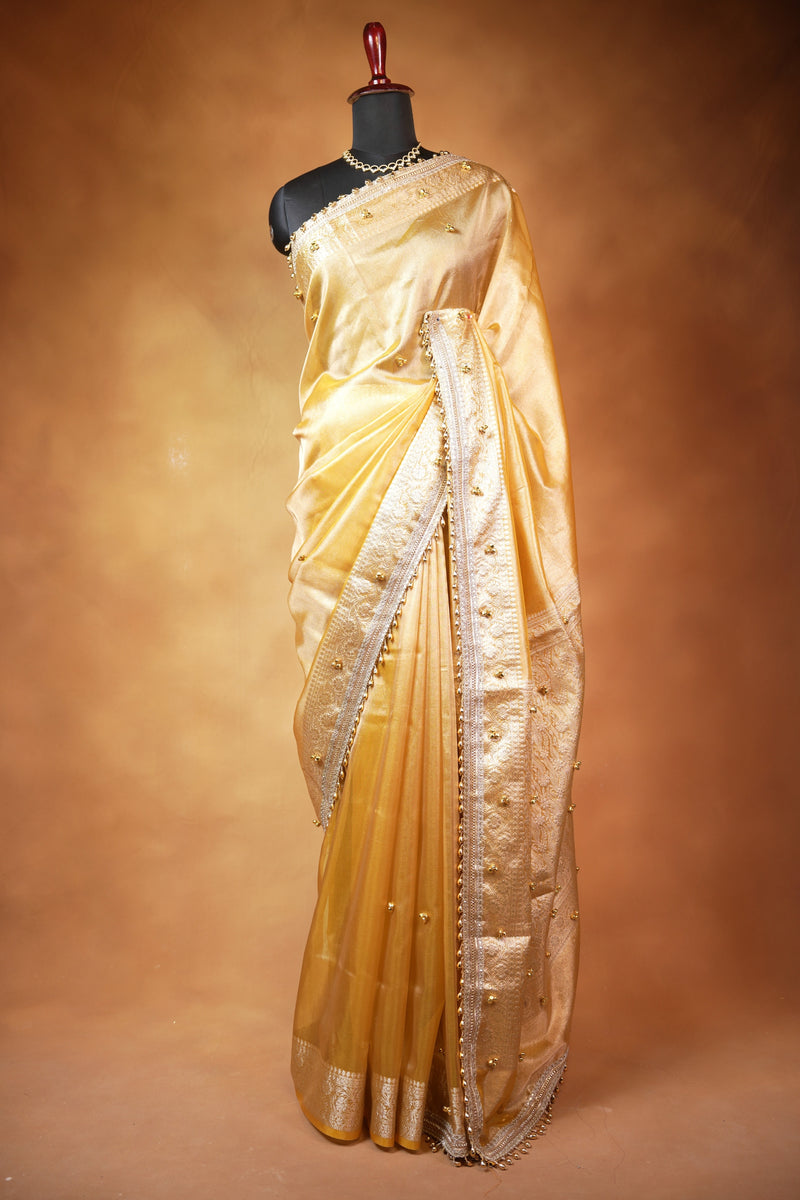 Organza Tissue Saree | Champagne Gold with Silver Zari Woven Border & Gold Bead Lace | Wedding & Festive Wear