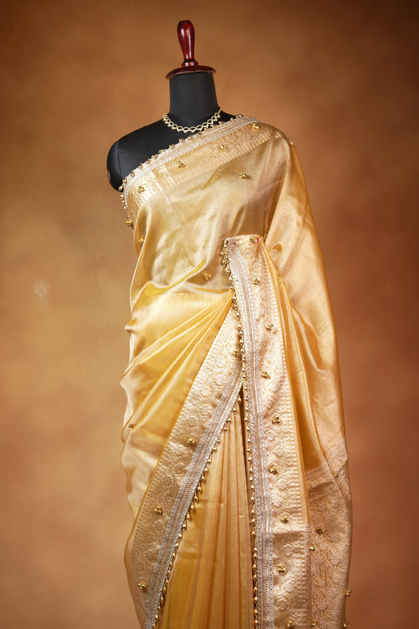 Organza Tissue Saree | Champagne Gold with Silver Zari Woven Border & Gold Bead Lace | Wedding & Festive Wear