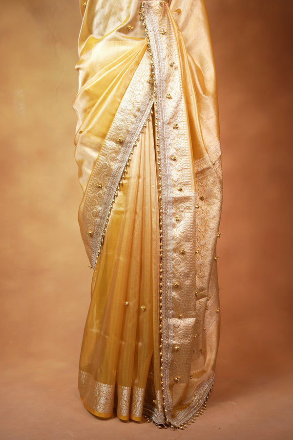 Organza Tissue Saree | Champagne Gold with Silver Zari Woven Border & Gold Bead Lace | Wedding & Festive Wear