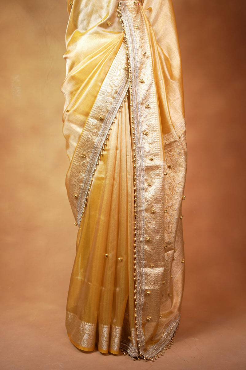Organza Tissue Saree | Champagne Gold with Silver Zari Woven Border & Gold Bead Lace | Wedding & Festive Wear