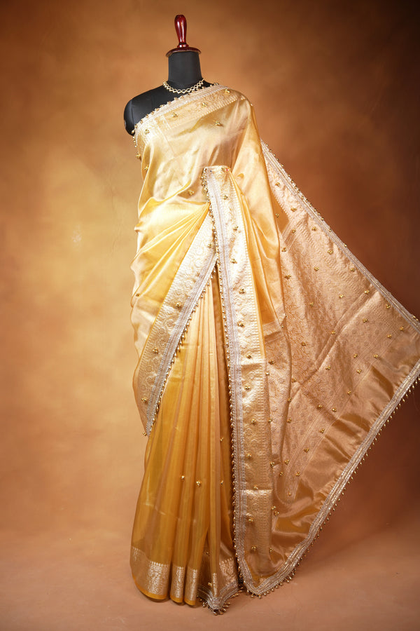 Organza Tissue Saree | Champagne Gold with Silver Zari Woven Border & Gold Bead Lace | Wedding & Festive Wear