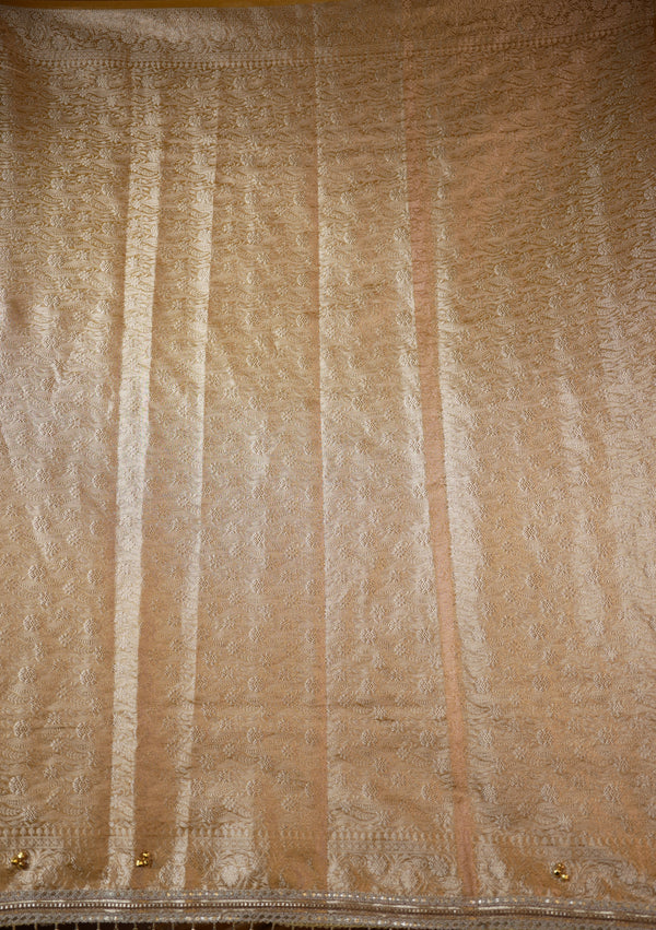 Organza Tissue Saree | Champagne Gold with Silver Zari Woven Border & Gold Bead Lace | Wedding & Festive Wear