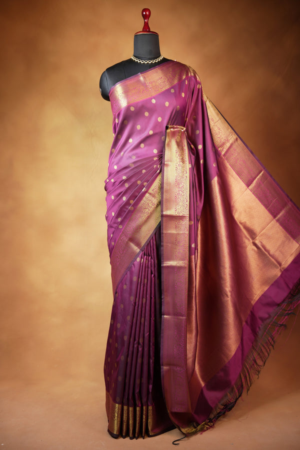 Wine Fancy Cotton Saree | Gold Zari Butta with Rich Woven Border & Pallu | Festive & Function Wear