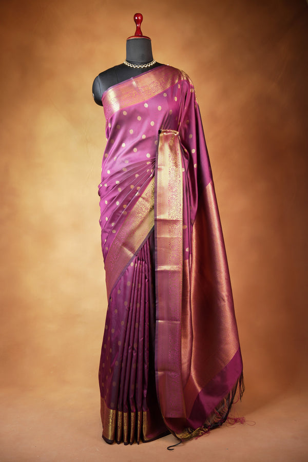 Wine Fancy Cotton Saree | Gold Zari Butta with Rich Woven Border & Pallu | Festive & Function Wear