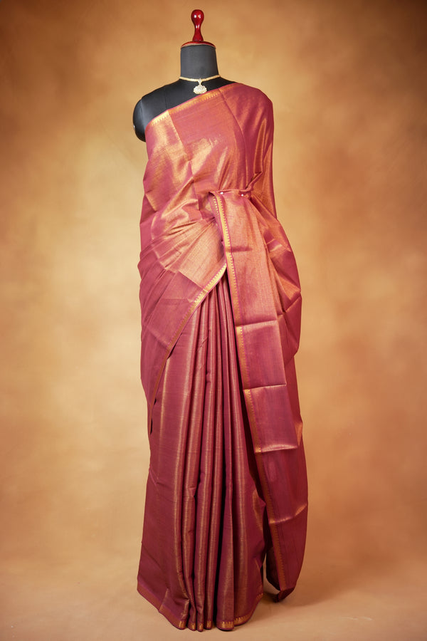 Chungudi Tissue Saree | Rust Maroon with Copper Golden Shimmer & Narrow Zari Border | Festive & Pooja Wear