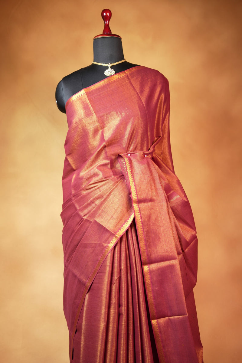 Chungudi Tissue Saree | Rust Maroon with Copper Golden Shimmer & Narrow Zari Border | Festive & Pooja Wear