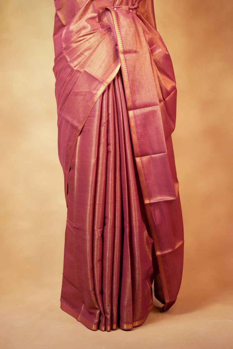 Chungudi Tissue Saree | Rust Maroon with Copper Golden Shimmer & Narrow Zari Border | Festive & Pooja Wear