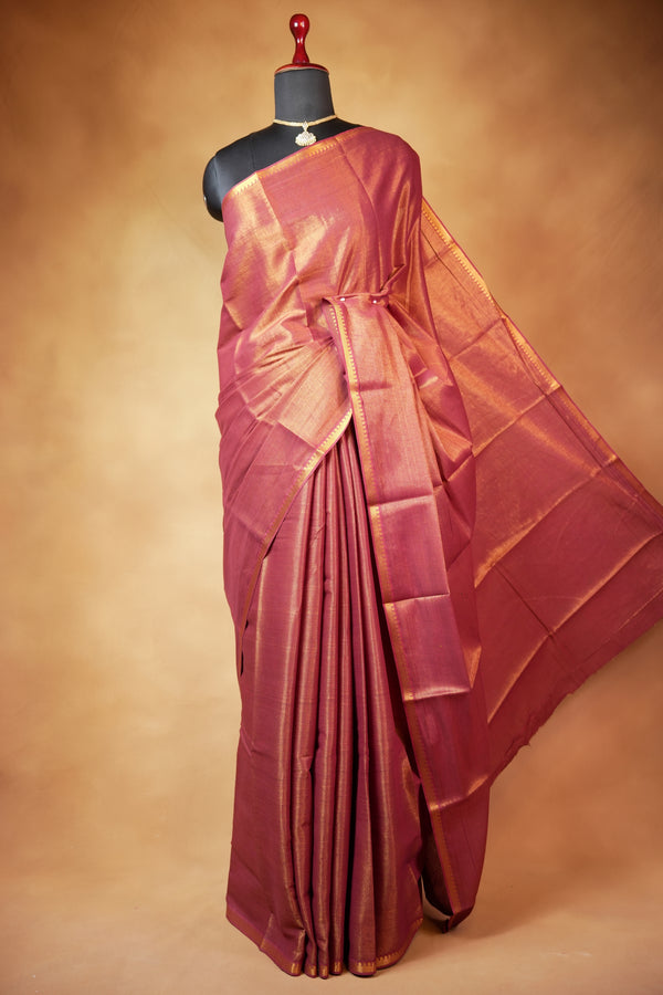 Chungudi Tissue Saree | Rust Maroon with Copper Golden Shimmer & Narrow Zari Border | Festive & Pooja Wear