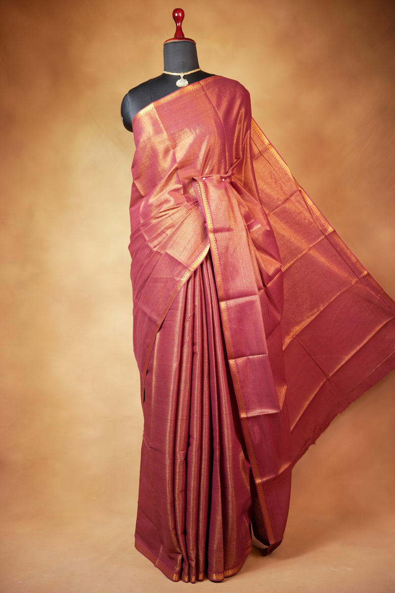 Chungudi Tissue Saree | Rust Maroon with Copper Golden Shimmer & Narrow Zari Border | Festive & Pooja Wear